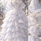 Ice Blue Sweetheart Rhinestone Tiered Lace Cake Prom Dress, Off Shoulder Ruffle Sleeve Ball Gown  NV7452