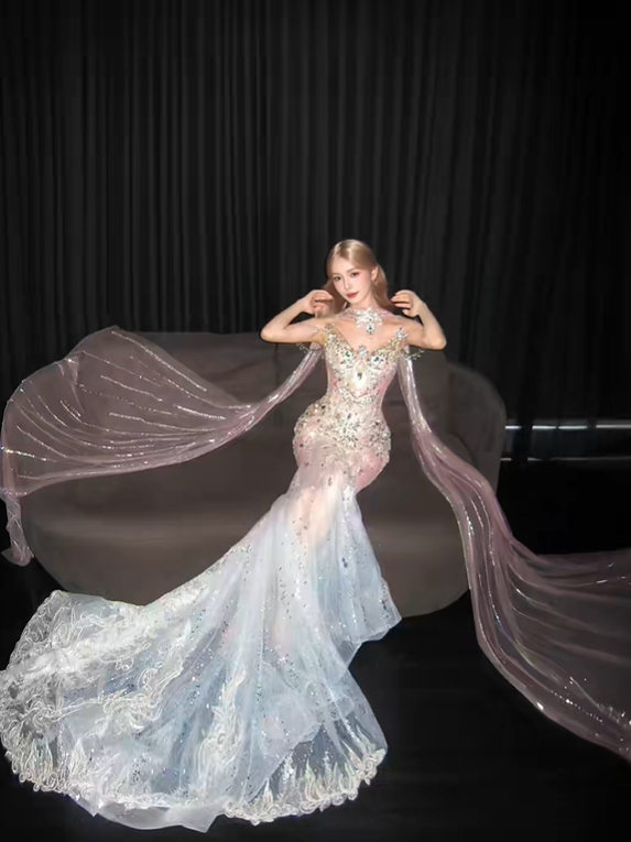 High Neck Ombre Mermaid Prom Dress, Beaded Tulle Cape Evening Gown  NV7110