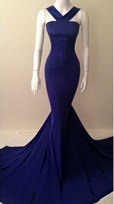 Blue Fashion Cross Strap Long Mermaid Slim Satin Floor Length Train Ball Gown Evening Dress Party Dress nv3603