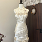 Ivory White Floral Beaded Short Satin Homecoming Dress Prom Dress Evening Dress Wedding Dress nv4217