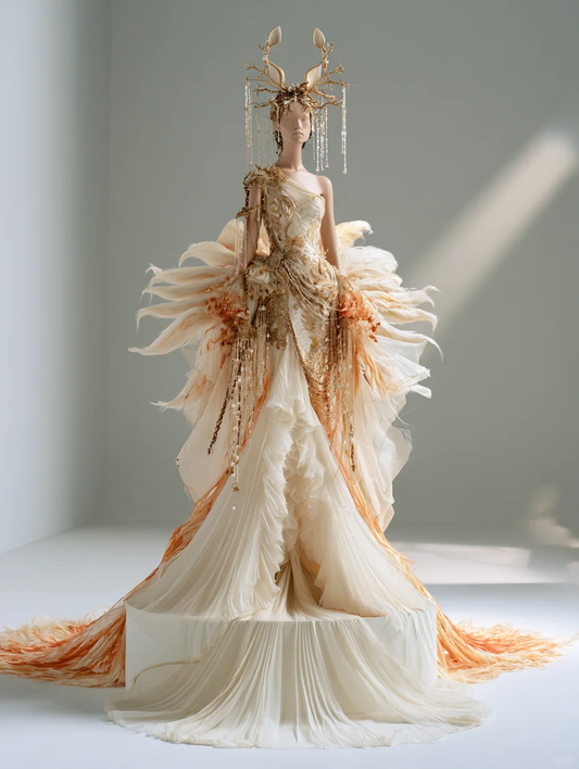 Ivory Gold One Shoulder Feather Wing Mermaid Fantasy Gown  NV7476
