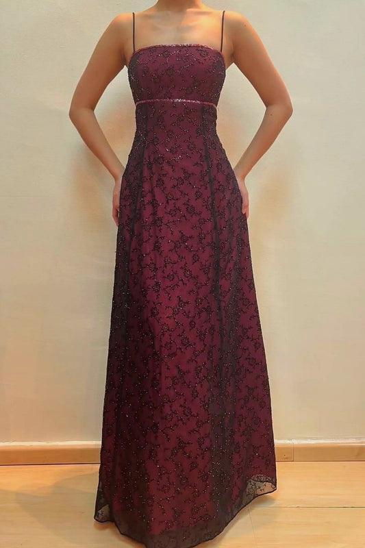 NiceVestidos--Elegant Bridesmaid Style Burgundy Sequin Embroidered Spaghetti Strap Extra-Long Bridesmaid Dress NV5805