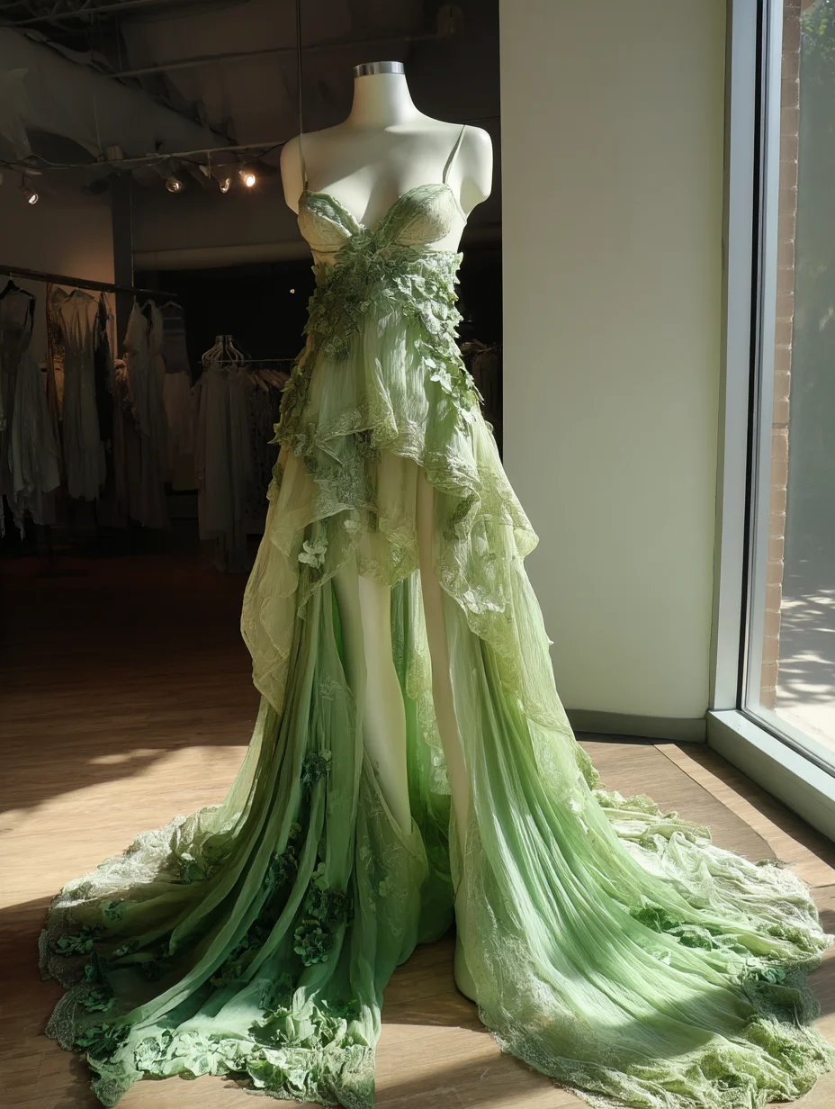 Gradient Green Fairy High Low Tulle Gown with Sweetheart Spaghetti Strap  NV7500