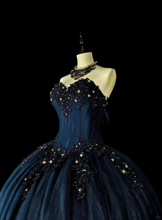 Navy Blue Gorgeous Exquisite Beaded Floral Long Tulle Ball Gown Evening Dress nv4379
