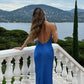 Blue simple elegant slim strap long satin ball gown evening dress party dress nv2397