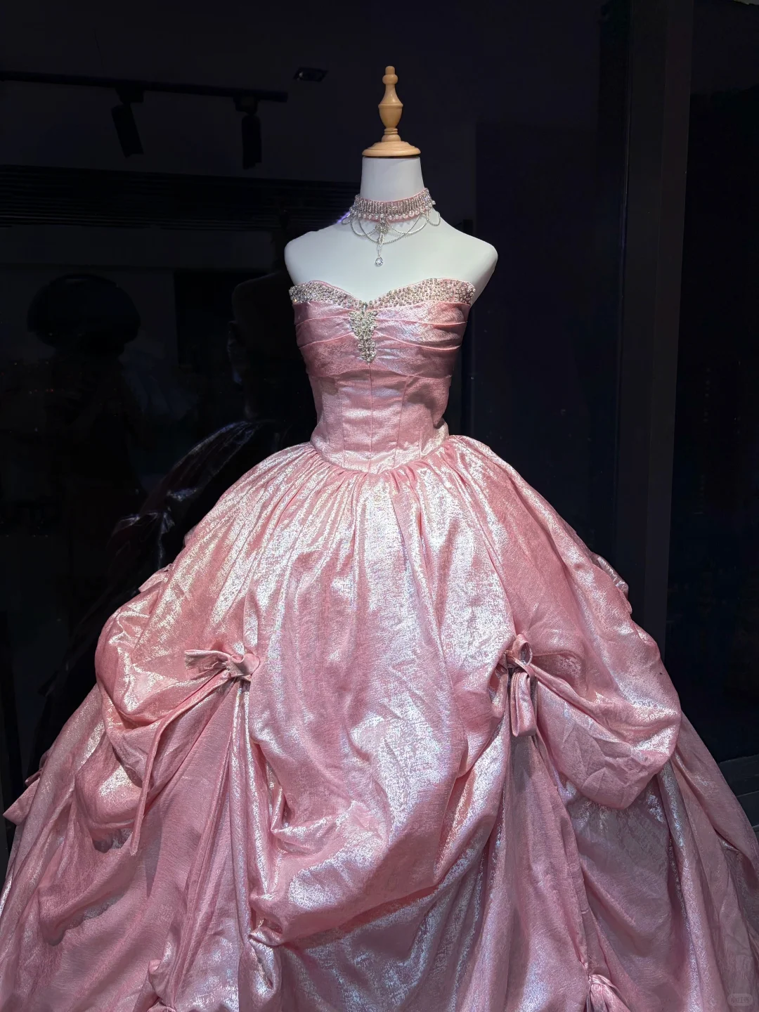 Shimmer Pink Satin Long Evening Gown Strapless Puffy Ball Gown with Bows Prom Dress  NV7066