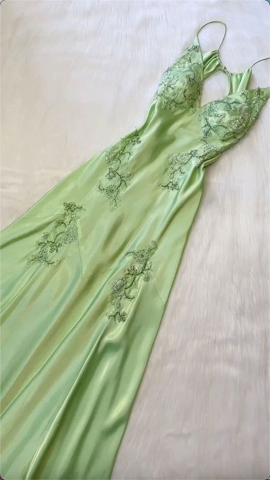 Green vintage V neck exquisite embroidery applique long satin elegant party dress evening gown prom dress nv2045