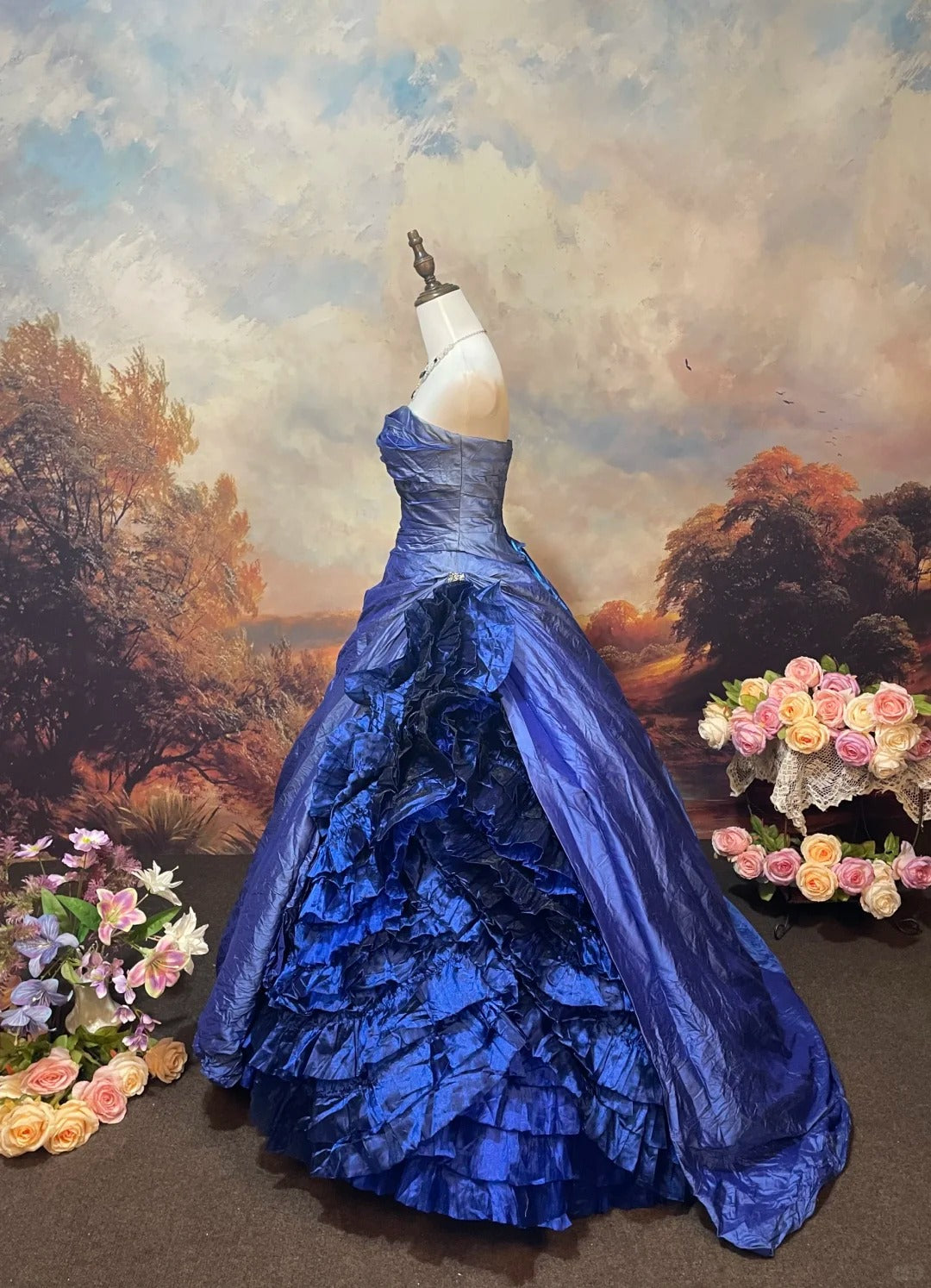 Blue satin floor-length vintage long ball gown nv5152