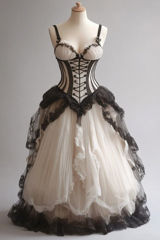 NiceVestidos-Black-White Contrast Tulle Spaghetti-Strap Corset Lace-Embellished Floor-Length Gothic-Style Gown NV6207