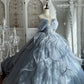 Princess Core Trend Misty Blue Ball Gown: Puff Sleeves & Beaded Appliqués NV6841