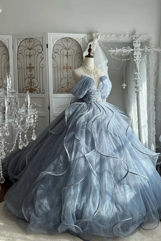 Princess Core Trend Misty Blue Ball Gown: Puff Sleeves & Beaded Appliqués NV6841