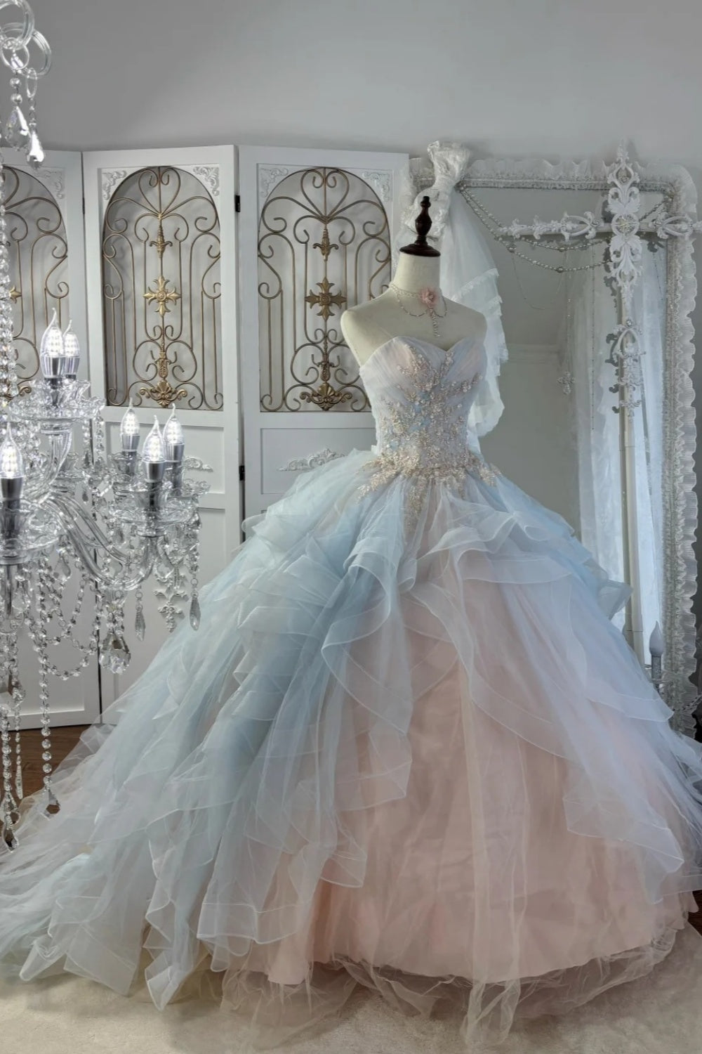 Pink-Blue Ombré Ball Gown: Beaded Strapless & Oversized Tulle NV6838