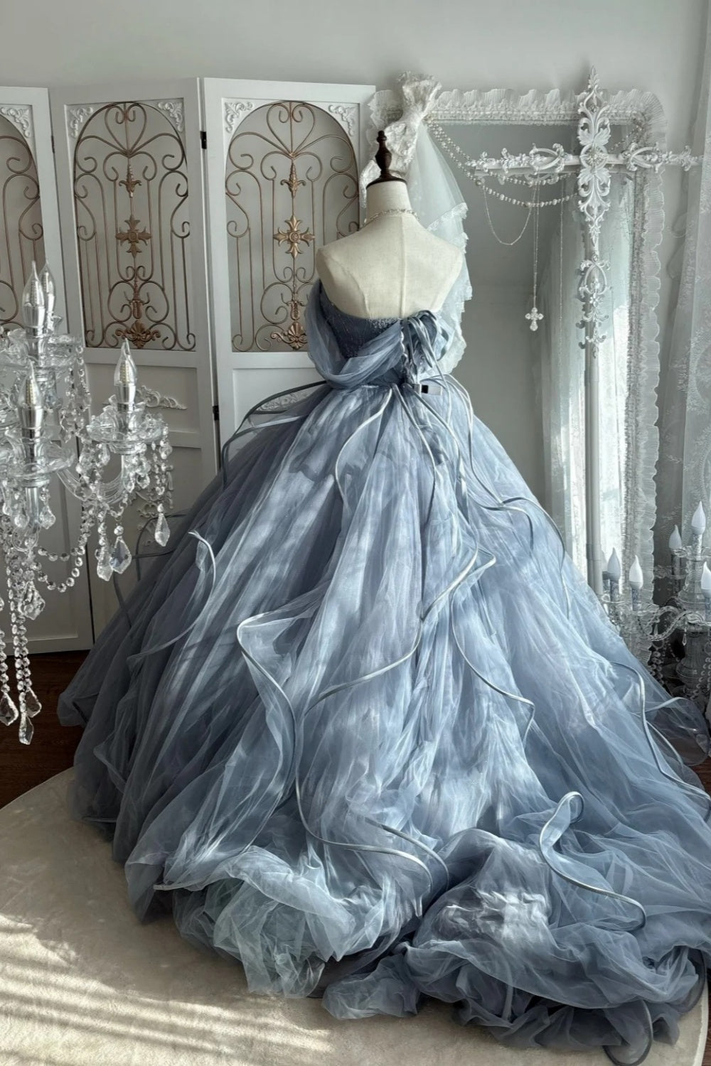 Princess Core Trend Misty Blue Ball Gown: Puff Sleeves & Beaded Appliqués NV6841