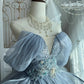 Princess Core Trend Misty Blue Ball Gown: Puff Sleeves & Beaded Appliqués NV6841