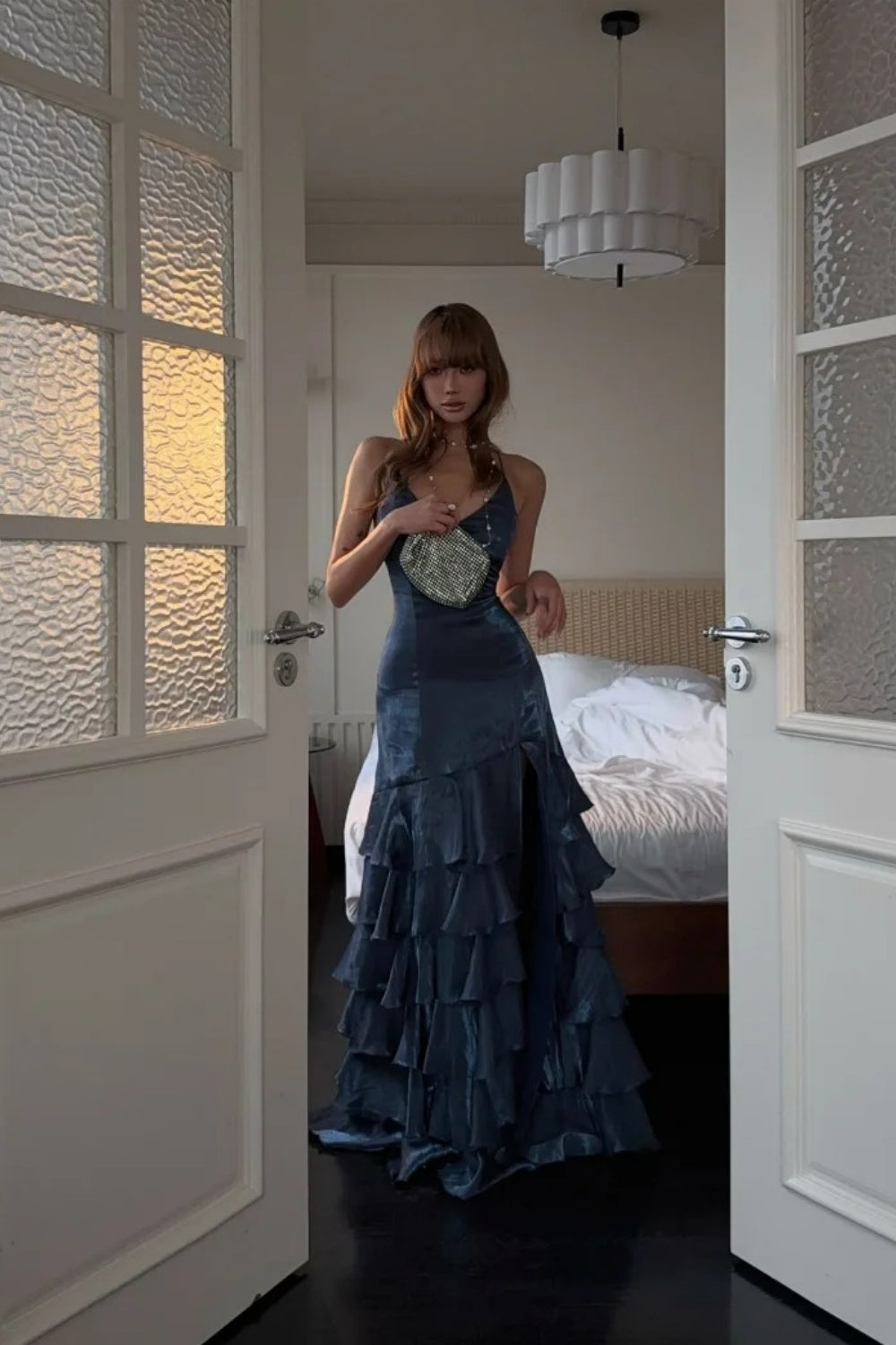 Navy blue fashionable long satin Prom dress NV6574