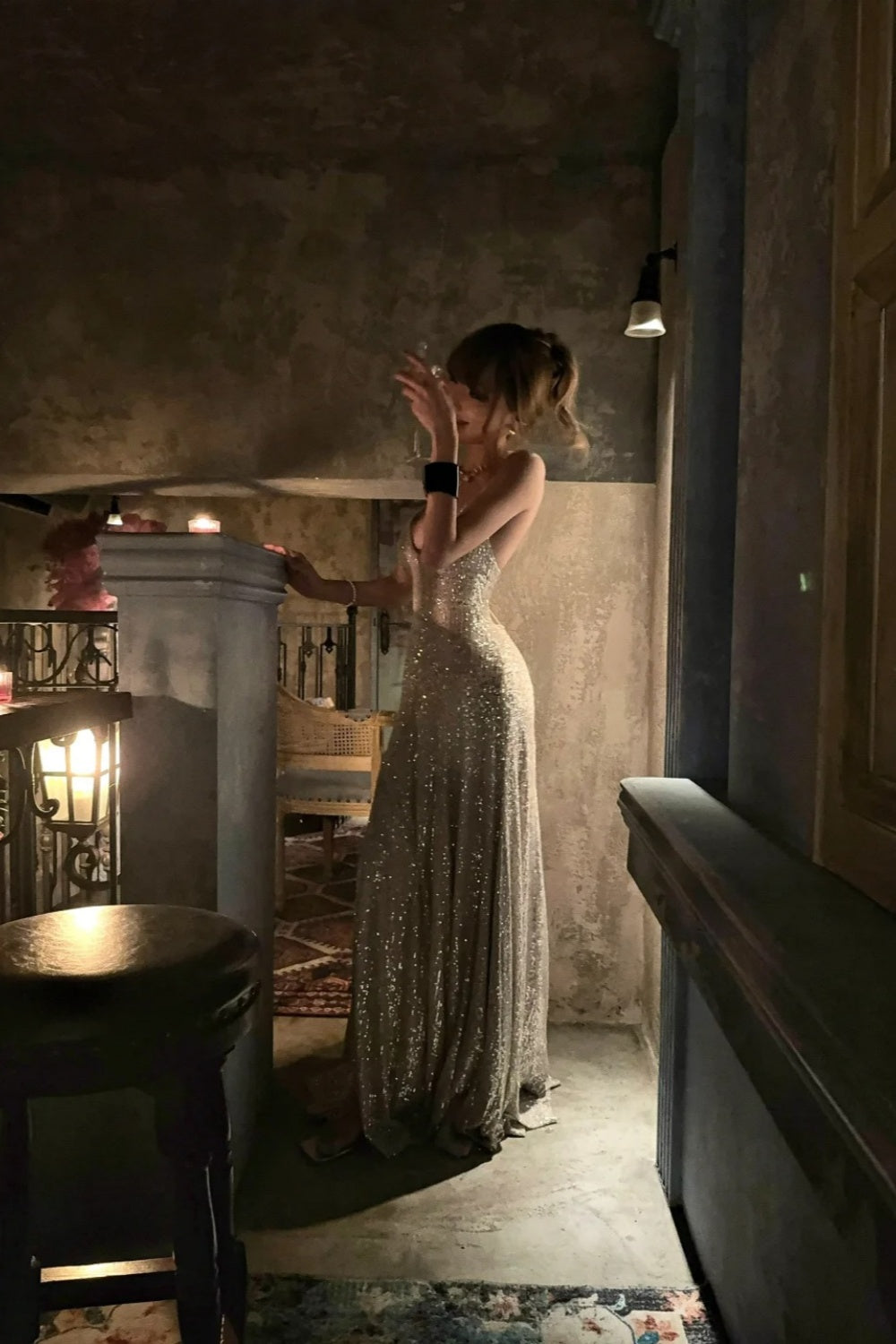 Champagne Sequin Spaghetti Strap Maxi Evening Dress for Gala/Party  NV6543