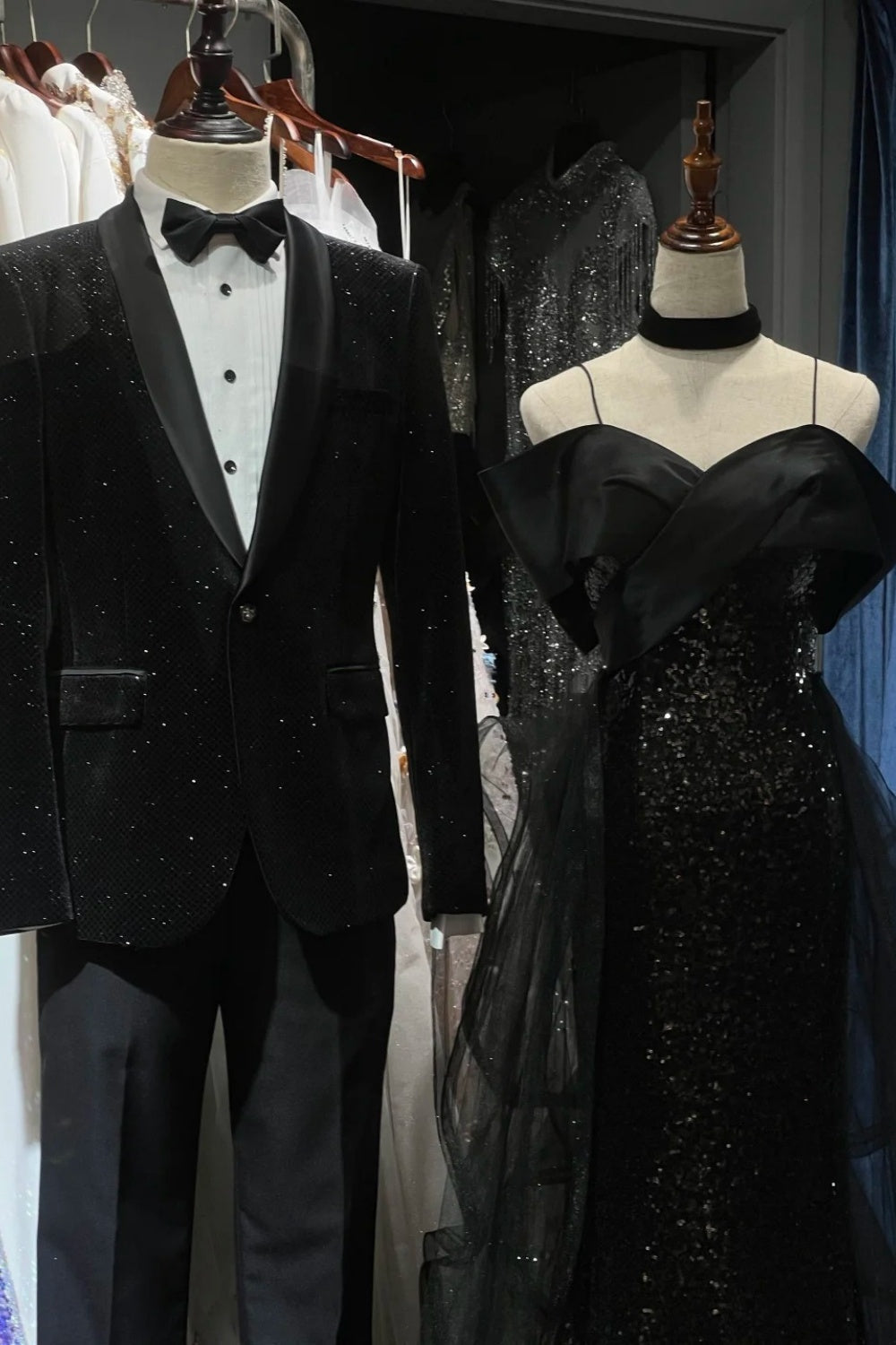 Black shiny long tulle ball dress NV6627