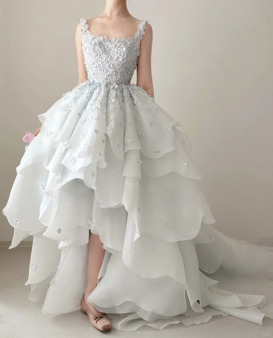 Light Blue Gorgeous Exquisite Beaded Long Floor Length Tulle Sequin Layered Ball Gown Evening Gown Wedding Dress nv4071