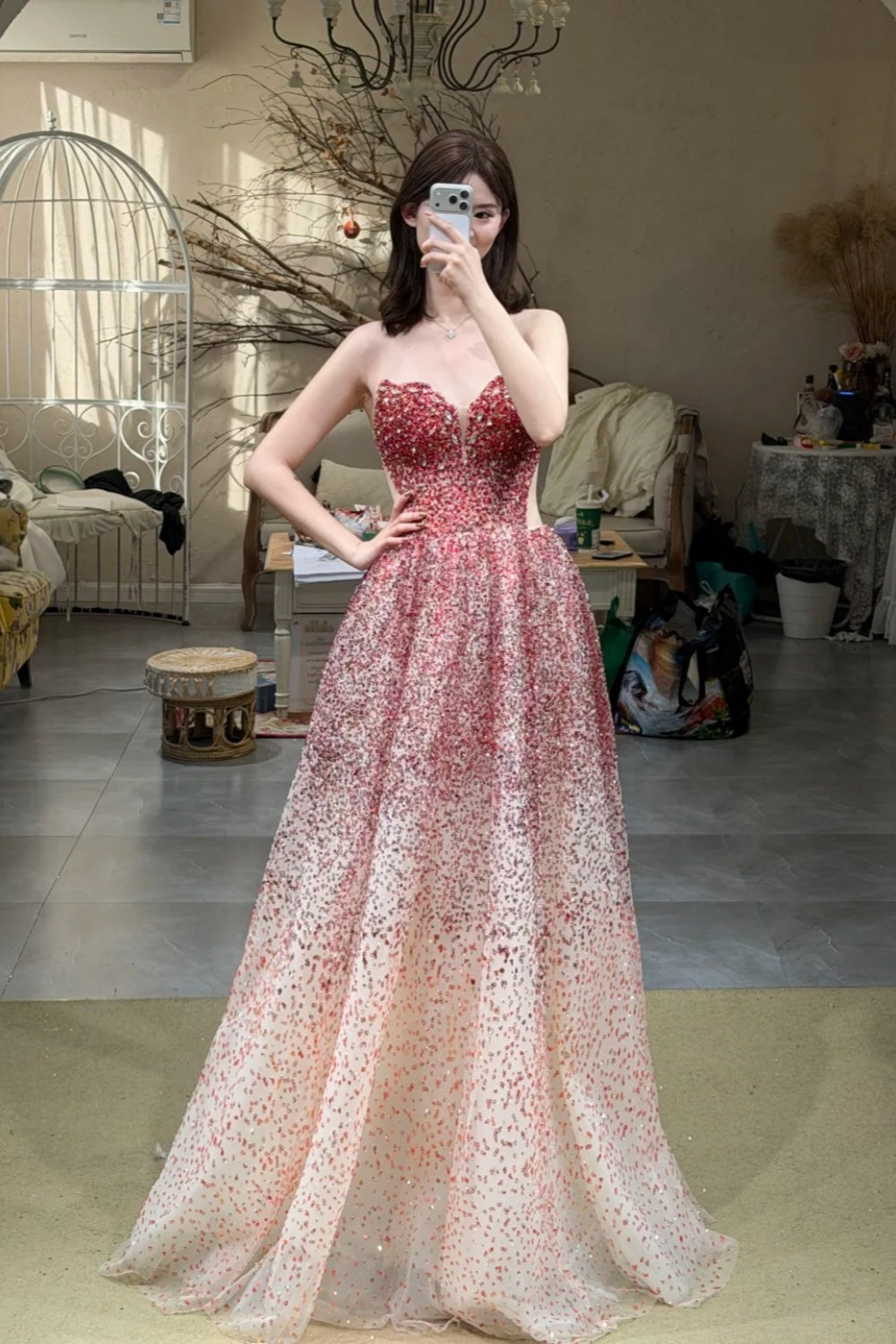 Dreamy Gradient Style Strapless Sleeveless Gown | Pink-Rose Sequin Tulle Ballgown Maxi Dress for Gala Ball Engagement Luxury Party NV6272