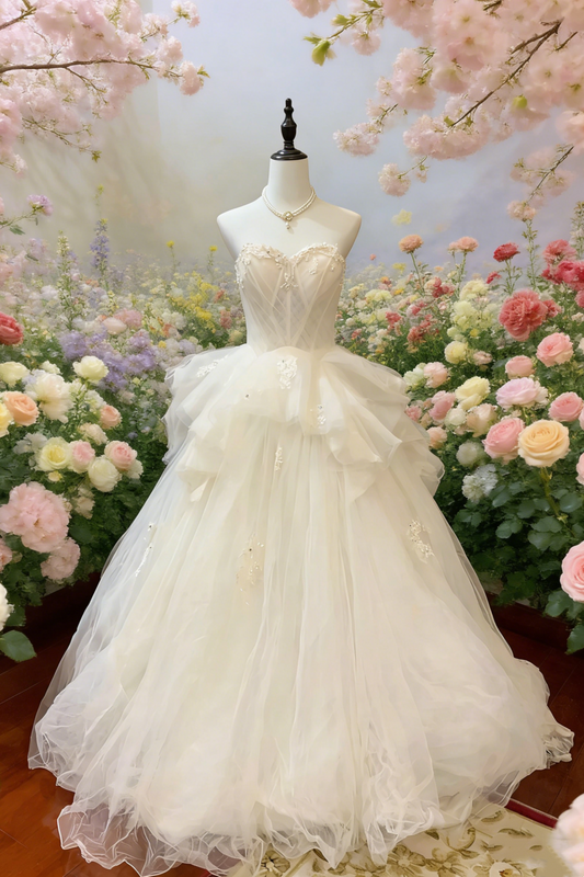 White Strapless Beaded Wedding Gown - Layered Train Ballgown Wedding/Engagement Dinner/Evening Maxi Dress NV6819