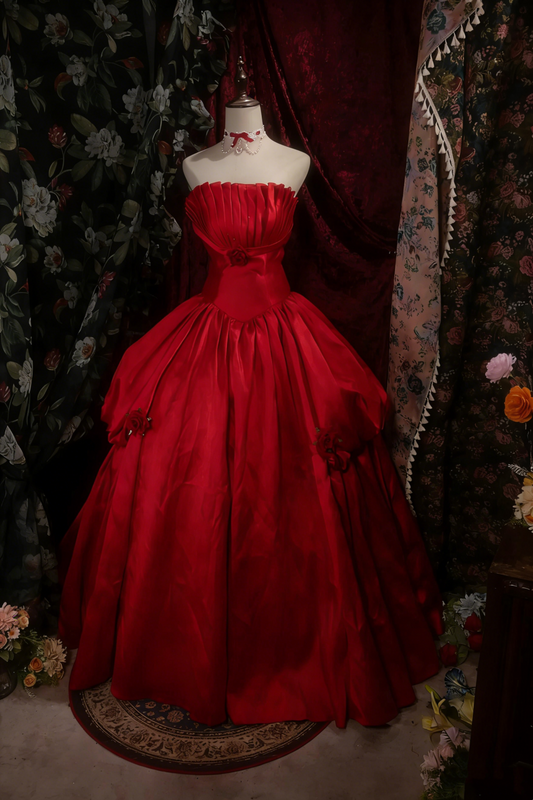 Vintage Scarlet Strapless Ball Gown with Rose Appliques, Satin Wedding Reception Dress  NV6882