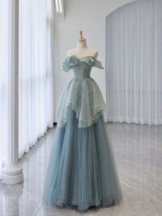Blue Sparkly Elegant Fashion Long Layered Sequin Tulle Ball Gown Evening Gown Birthday Party Dress Prom Gown nv3841
