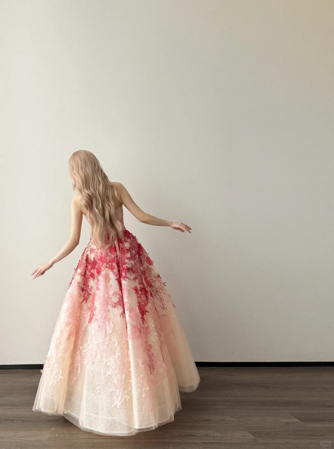 Strapless Pink Red Ombre Tulle Ball Gown 3D Floral Prom Dress  NV7129