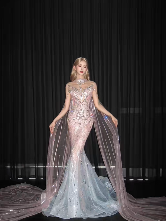 High Neck Ombre Mermaid Prom Dress, Beaded Tulle Cape Evening Gown  NV7110