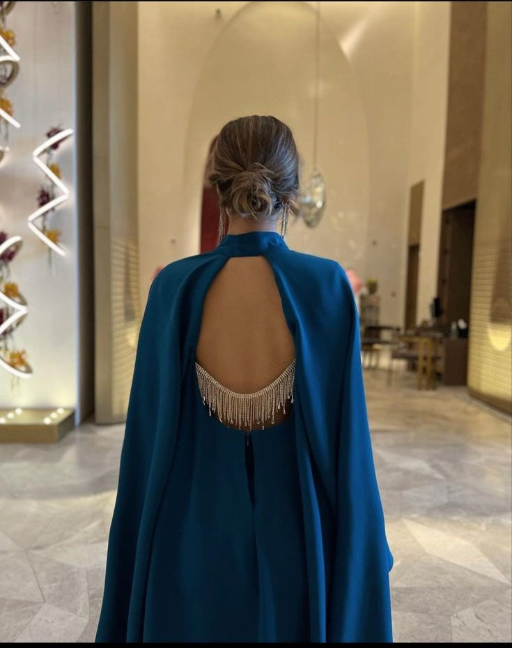 Blue fashion elegant large backless strap chain long sleeve short mini evening dress prom dress party dress homecoming dress nv2547