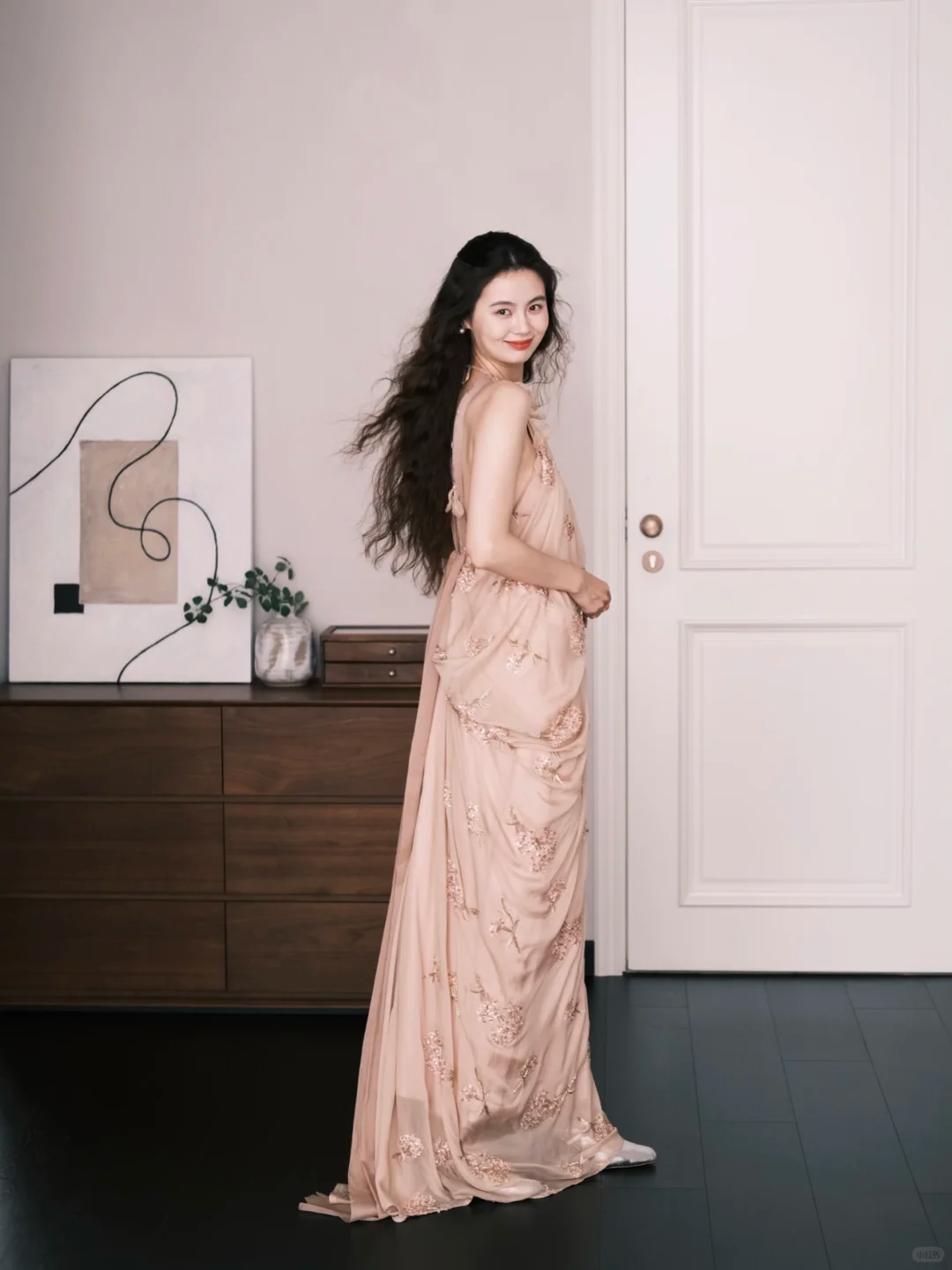 Nude Pink Halter Chiffon Prom Dress 3D Floral Beaded Evening Gown  NV7209