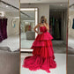 Red pink tulle layered floor-length dress long ball gown evening dress nv2743