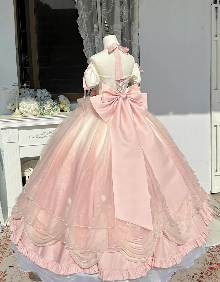 Pink/blue/Purple Sweet Bow Decoration Long Tulle Short Sleeve Ball Gown Evening Dress nv2983