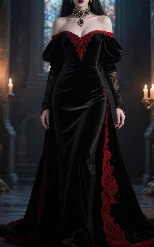 NiceVestidos-_Black Vintage Velvet Long Ball Gown NV6023