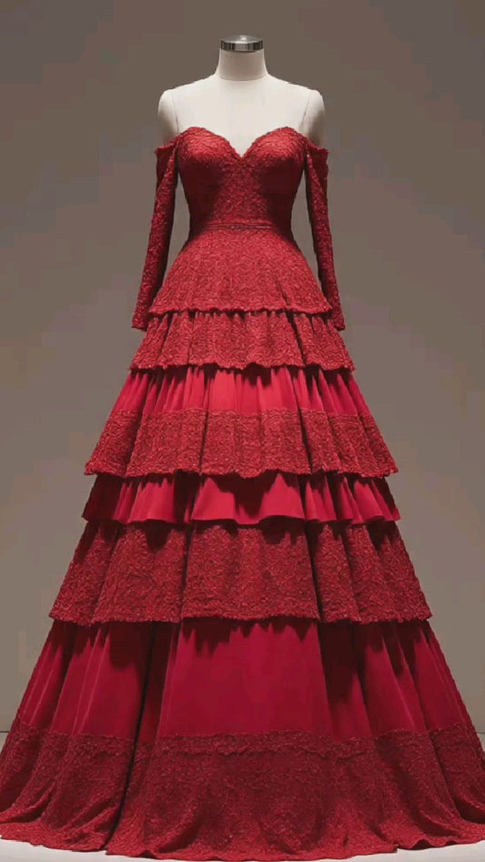 NiceVestidos – Rotes, schulterfreies, bodenlanges Stufenkleid mit langen Ärmeln und Einsätzen aus Spitze und Satin (NV6165)