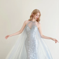 Light Ice Blue Halter Mermaid Prom Gown Sequin Embroidery Detachable Tulle Cape  NV7173