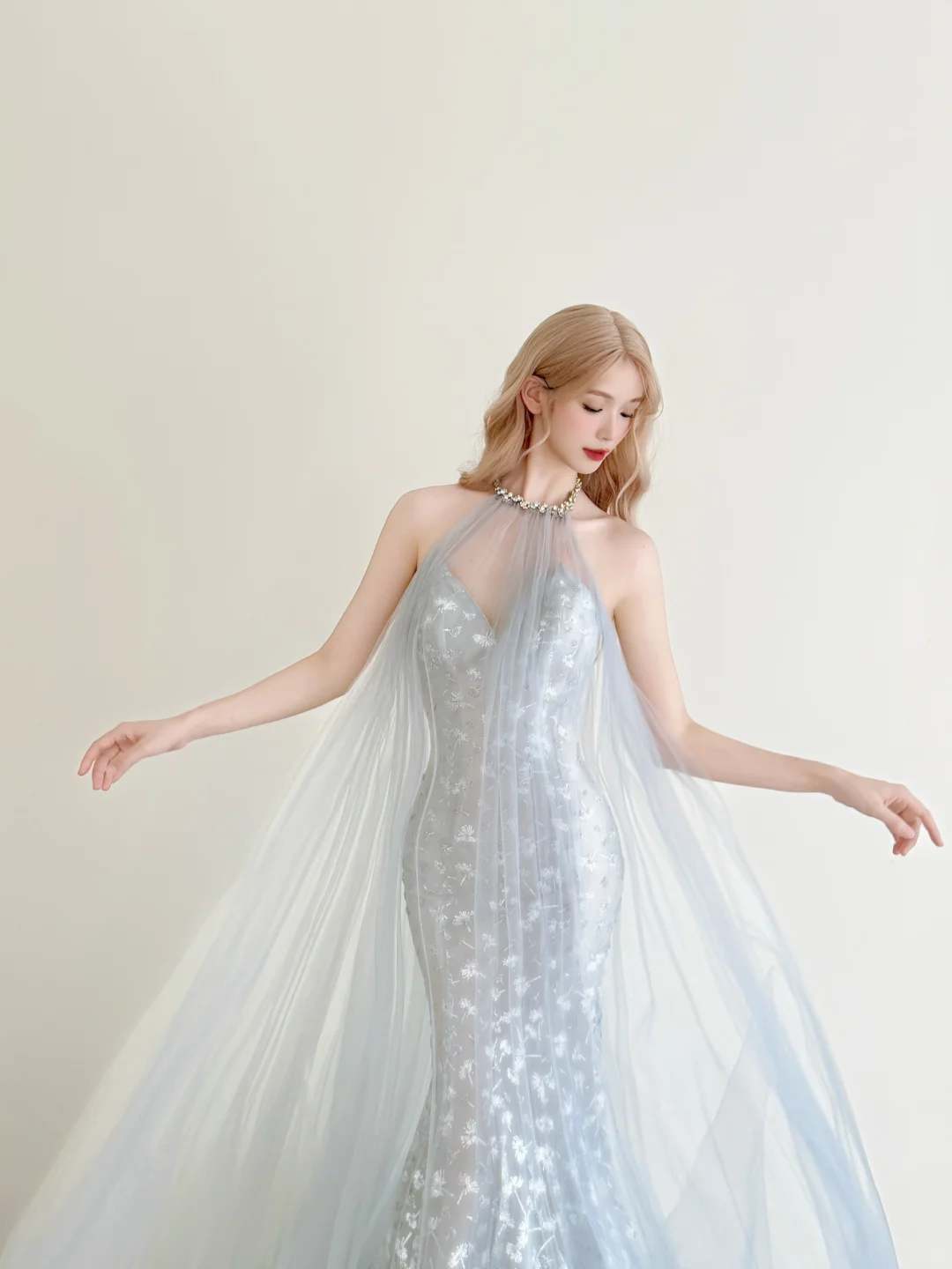Light Ice Blue Halter Mermaid Prom Gown Sequin Embroidery Detachable Tulle Cape  NV7173