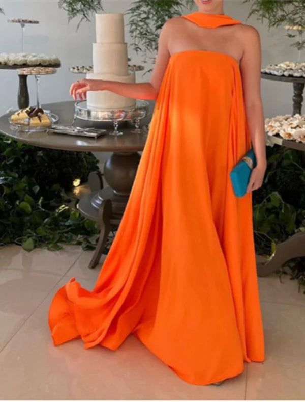 Orange Sexy A-Line Off Shoulder Chiffon Flowing Long Ball Gown Evening Dress Party Dress nv2335