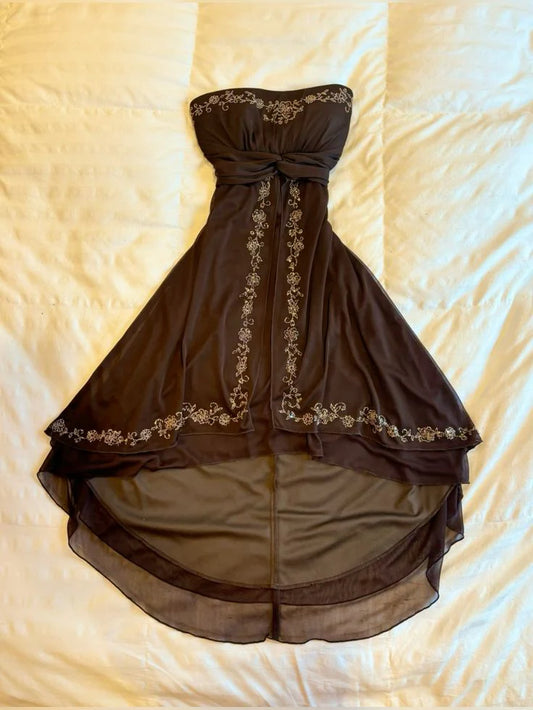Brown Vintage Floral Tube Top Mid-Length Chiffon Homecoming Dress Prom Dress Evening Dress Birthday Party Dress nv4493