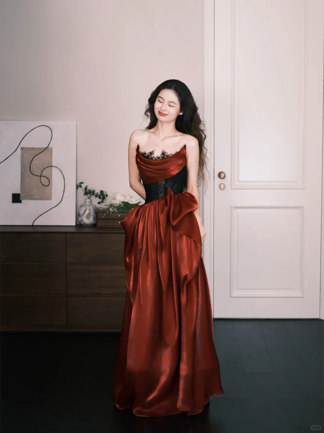 Burgundy Strapless Lace Waist Satin Evening Ball Gown  NV7324