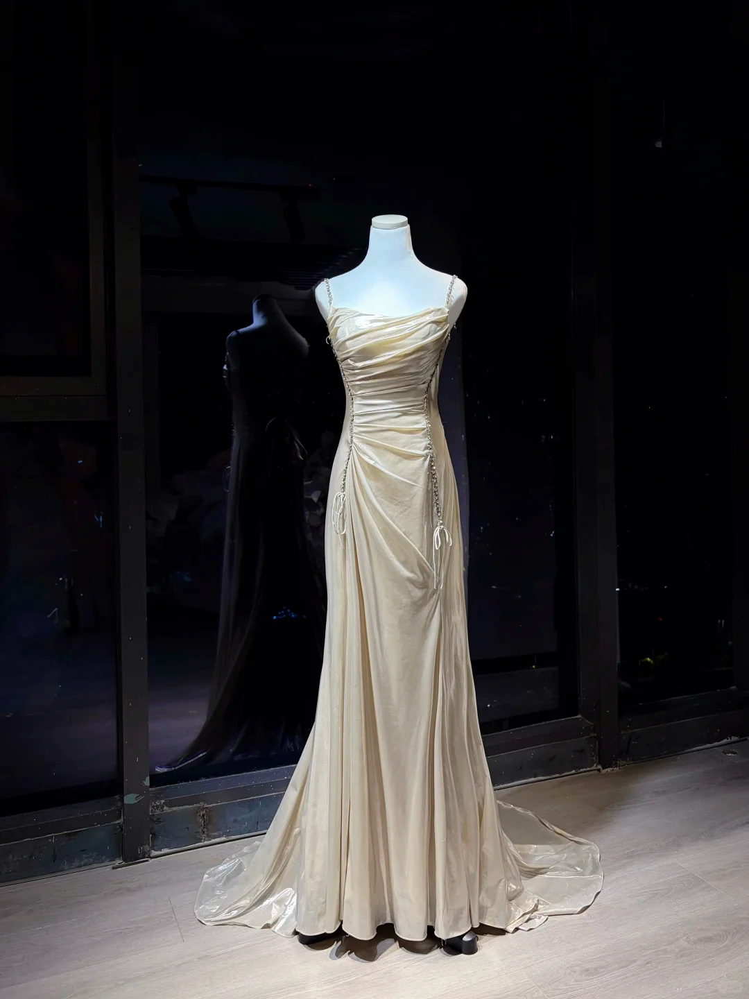 Champagne Square Neck Mermaid Evening Dress, Ruched Shiny Gown with Feather Shawl & Rhinestone Chain  NV7086
