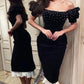 Black Off Shoulder Fashion Sexy Elegant Slim Fit Long Prom Gown Evening Dress Party Dress with Rhinestones nv2435