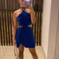 Blue Simple Lace-up Halter Off-shoulder Waist Short Mini Homecoming Dress Party Dress nv2383