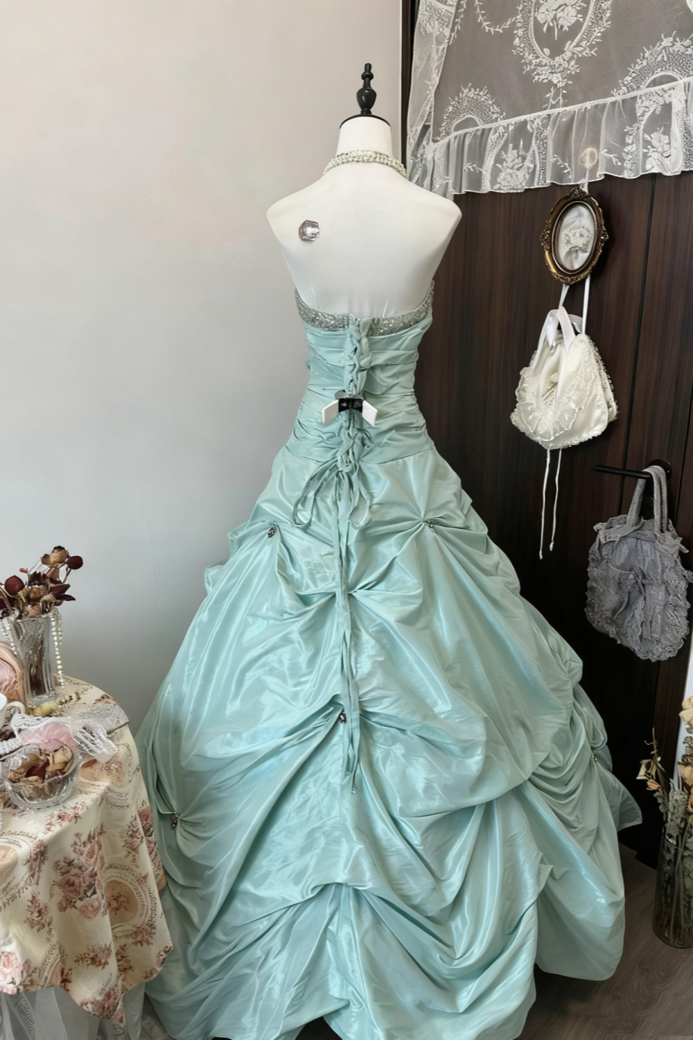 NiceVestidos-_Vintage Mint Green Satin Rhinestone-Embellished Strapless Ball Gown Evening Dress NV5915