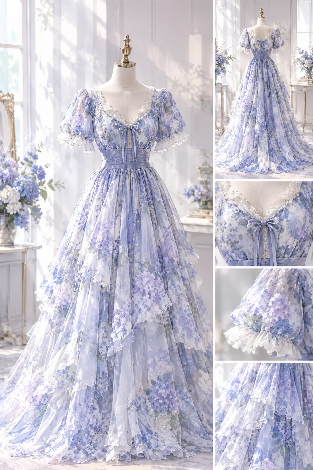 Blue Purple Hydrangea Floral Print Prom Ball Gown, V Neck Puff Sleeve Tiered Tulle Evening Dress  NV7450