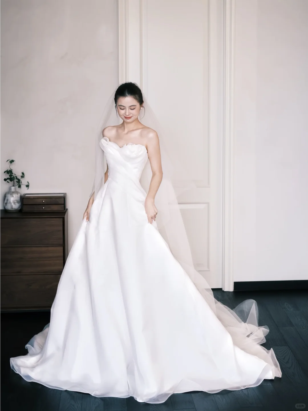 Strapless Ivory Organza Bridal Gown, Ruffle Draped A-line Wedding Dress with Long Train  NV7390