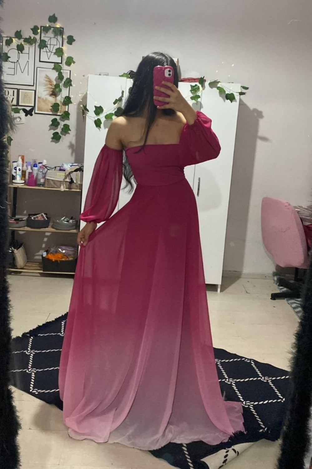 Pink Gradient Fashion Elegant Tube Top Wide Sleeve Long Chiffon Ball Gown Evening Dress Wedding Guest Party Dress nv3213