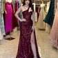 Burgundy sexy hot one-shoulder sleeveless sequined applique ball gown nv1760