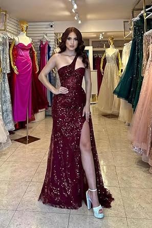 Burgundy sexy hot one-shoulder sleeveless sequined applique ball gown nv1760