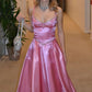 Pink Shiny Elegant Exquisite Beaded Fashion Spaghetti Strap Sleeveless A-Line Satin Long Ball Gown, Evening Gown, Party Gown nv3700