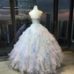 Strapless Lavender Ombre Tulle Ball Gown Detachable Ruffle Sleeve 3D Floral Fairy Prom Dress  NV7000